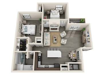 A 3D floor plan of a small apartment with a kitchen, living room, and two bedrooms.