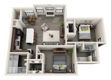 A 3D floor plan of a house with a living room, kitchen, and bedrooms.