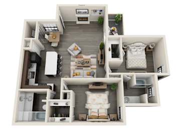 A 3D floor plan of a small apartment with a kitchen, living room, and bedroom.