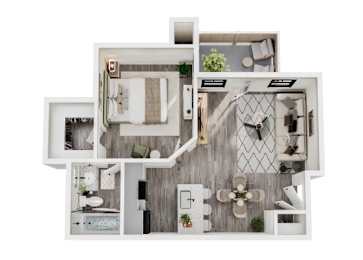 A white and wood floor plan of a house with a kitchen, living room, dining room, and bedrooms.
