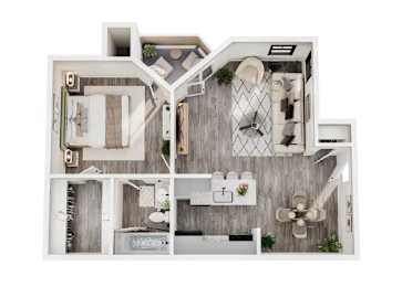 A top-down view of a modern house interior with a kitchen, living room, and bathroom.