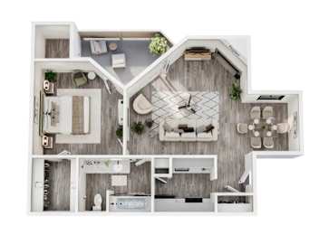 A top-down view of a house layout with a living room, kitchen, and bathroom.