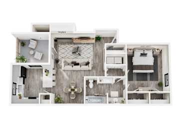 A floor plan of a modern apartment with a kitchen, living room, and bedrooms.
