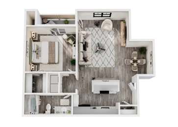 A floor plan of a small apartment with a kitchen, living room, and bathroom.
