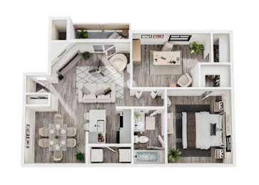 A top-down view of a modern apartment layout with a kitchen, living room, dining area, and bathroom.