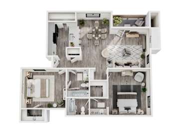 A top-down view of a small apartment with a kitchen, living room, and bathroom.