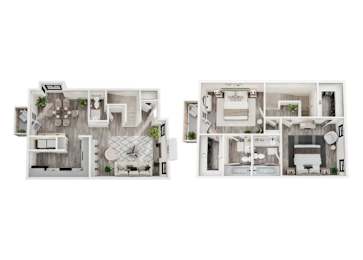 Two images of a house layout with a kitchen, living room, and bathroom.