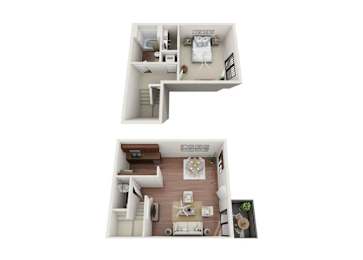 A top and bottom view of a small apartment layout.