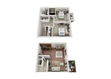 A floor plan of a two-story house with a living room, dining room, kitchen, and bedrooms.