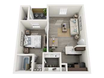 A top-down view of a small apartment with a bedroom, living room, and kitchen.
