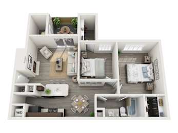 A floor plan of a small apartment with a kitchen, living room, and bedroom.