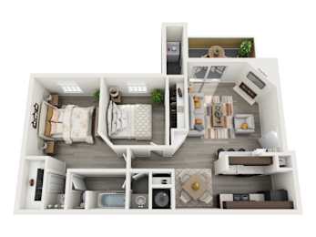 A 3D floor plan of a small apartment with a bedroom, living room, and kitchen.