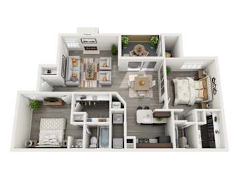 A 3D floor plan of a small apartment with a kitchen, living room, and bathroom.