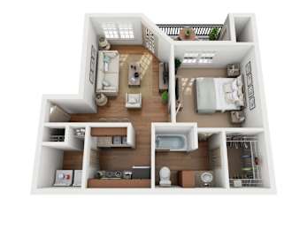 A 3D floor plan of a small apartment with a kitchen, living room, and bedroom.