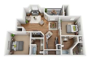 A detailed 3D floor plan of a modern apartment layout.