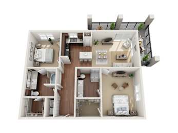 A 3D floor plan of a house with a kitchen, living room, and bedrooms.