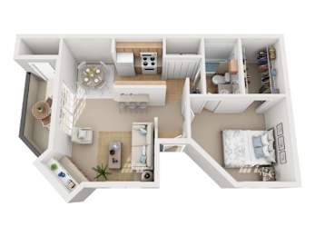 A top-down view of a two-bedroom apartment with a living room, kitchen, and bathroom.