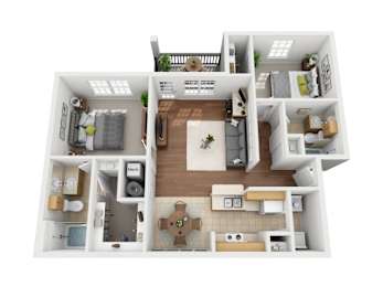 A 3D floor plan of a small apartment with a kitchen, living room, and two bedrooms.