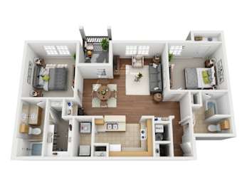 A 3D floor plan of a house with a kitchen, living room, and two bedrooms.