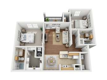 A 3D floor plan of a small apartment with a kitchen, living room, and bathroom.