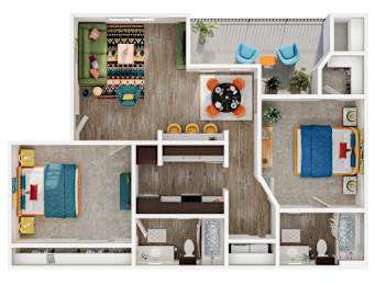 A floor plan of a small apartment with a kitchen, living room, and bathroom.