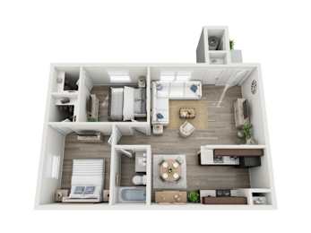 A 3D floor plan of a small apartment with a kitchen, living room, and bedroom.