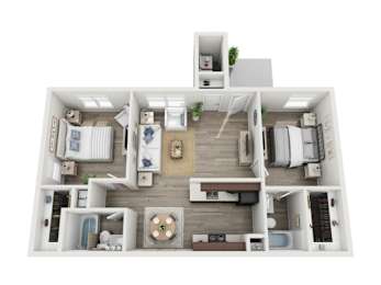 A 3D floor plan of a house with a living room, kitchen, dining room, and bedrooms.