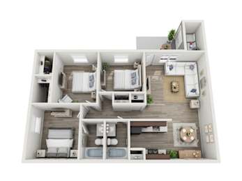 A 3D floor plan of a small apartment with two bedrooms, a living room, and a kitchen.