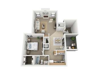 One bedroom one bath floorplan with walk-in closet at Valley Creek Apartments, Garland, TX 75043