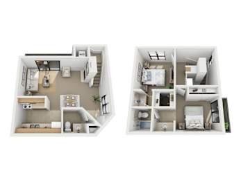 Two bedroom two bathroom 3D floorplan with balcony at Valley Creek Apartments, Garland, 75043