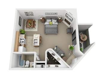 Studio floorplan with balcony at Valley Creek Apartments, Garland, Texas