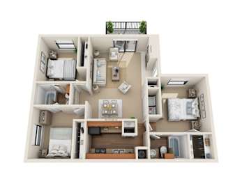 A top-down view of a two-bedroom apartment with a living room, kitchen, and bathroom.