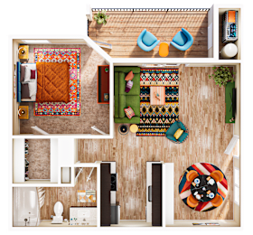 A collage of a room with a couch, a rug, a table, a chair, a potted plant, and a picture frame.