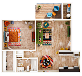 A top-down view of a room with a couch, a rug, a chair, a table, a shelf, and a cushion with a lion design.