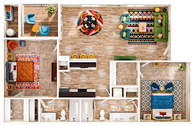 A top-down view of a living room with a couch, chairs, and a rug.