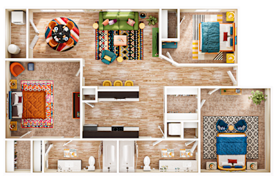 A top-down view of a house layout with a living room, kitchen, and bathroom.