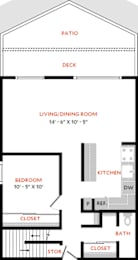 A diagram of a house layout with a living room, kitchen, bedroom, and closet.