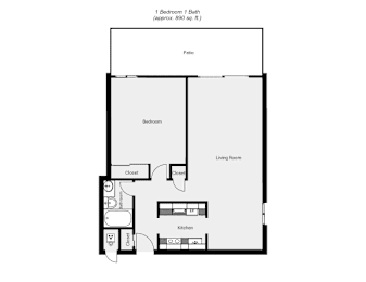 a floor plan of a 1 bedroom floor plan with a bathroom and a living room
