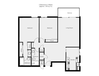 a floor plan of a 1 bedroom floor plan with roommates