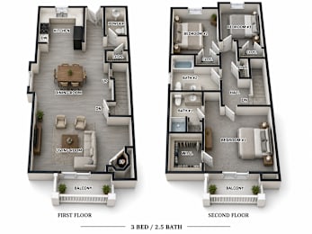 A floor plan of a two-story apartment with three bedrooms and two bathrooms.