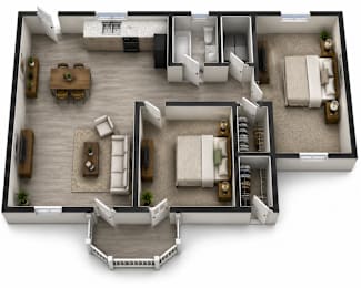 A 3D floor plan of a house with a living room, dining room, kitchen, and two bedrooms.