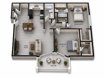 A 3D floor plan of a house with labeled rooms.