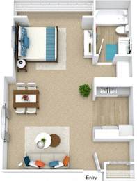 A floor plan of a small apartment with a bedroom, living room, and kitchen.