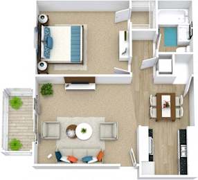 A top-down view of a living room with a couch, a dining table, and a kitchen area.