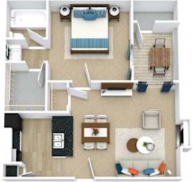 A top-down view of a living room with a couch, a chair, a coffee table, and a dining table.
