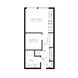 A floor plan of a small apartment with a living space, bedroom, bathroom, and office.