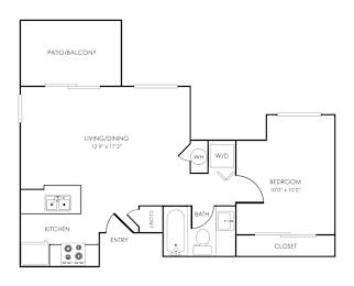 One bedroom 1 bathroom floorplan with balcony at Rosemeade Apartments, California