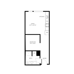 A floor plan of a house with a living room, bedroom, and bathroom.