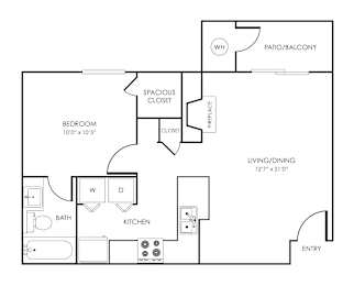 1 bed 1 bath floorplan with balcony at Rosemeade Apartments, California, 95661