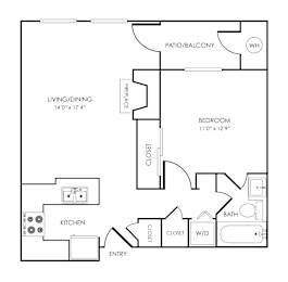 1 bedroom 1 bath floorplan with balcony at Rosemeade Apartments, Roseville, CA 95661